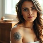 Mandala delicado tatuaje en el hombro de mujer